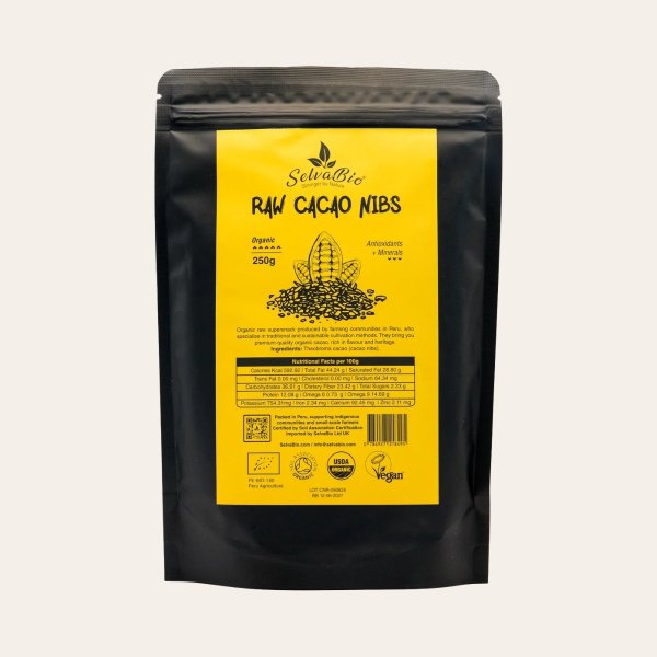 Organic Raw Cacao Nibs - Criollo Variety - From Peru - 250g