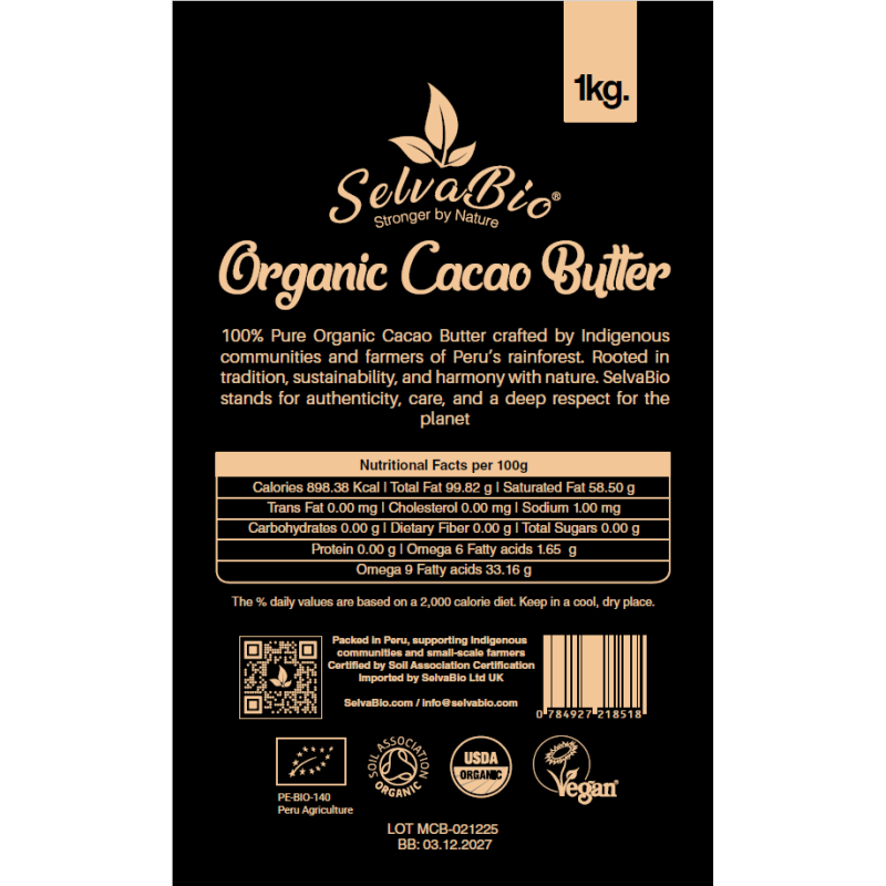 Organic Cacao Butter - From Farmers and Ashaninka & Nomatsigenga Tribes in Peru - 1Kg Block
