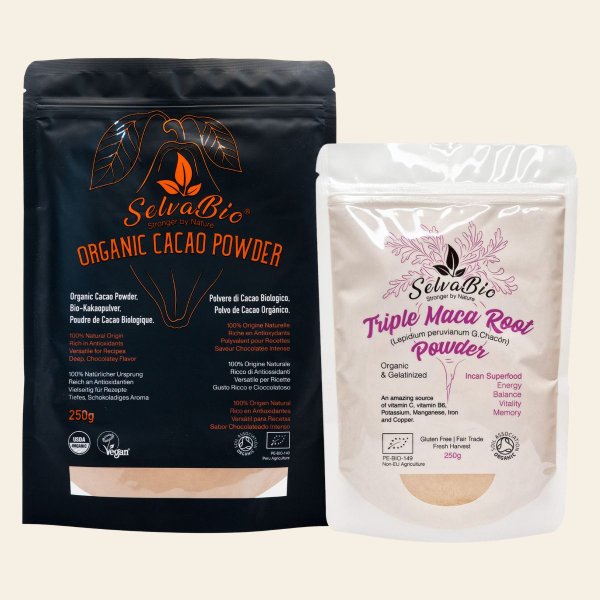 Cacao en polvo orgánico 250g + Triple Raíz de Maca 250g