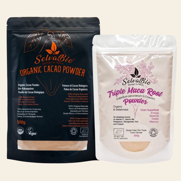Cacao en polvo orgánico 500g + Triple Raíz de Maca 250g